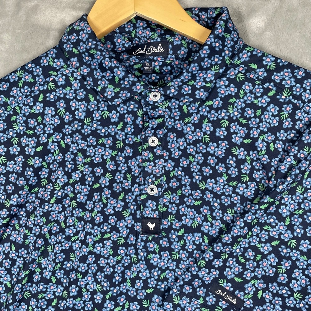Bad Birdie Mens XL Navy Blue Floral Performance Golf Polo Shirt Short Sleeve